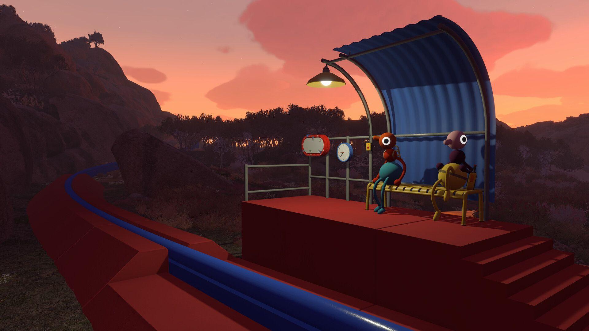 Two Big Walk characters sit at a bus stop bench on a rocky shore under a warm sunset sky, with a red track leading into the distance