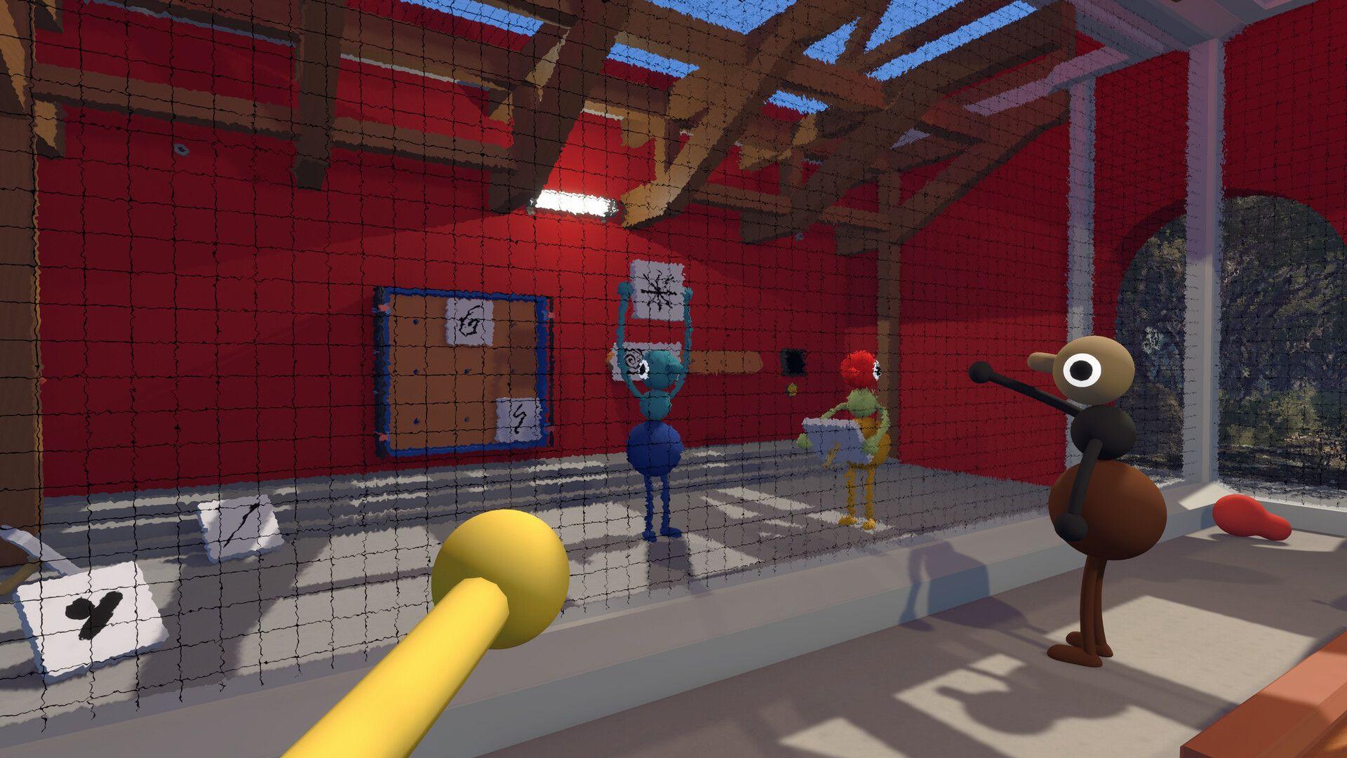 First-person view inside a red-walled building with a net strung across, showing a paddle-like tool in hand with other characters visible on the opposite side