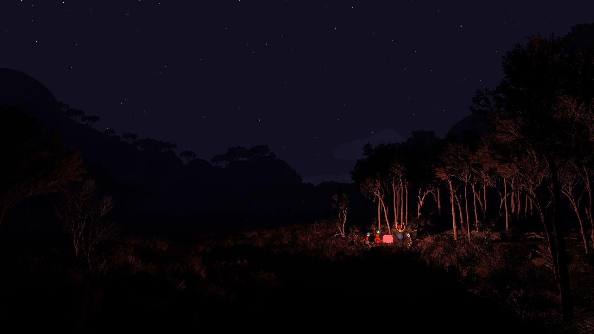 A group of Big Walk characters gathered around a small campfire at night, faces illuminated by warm firelight under a starry sky