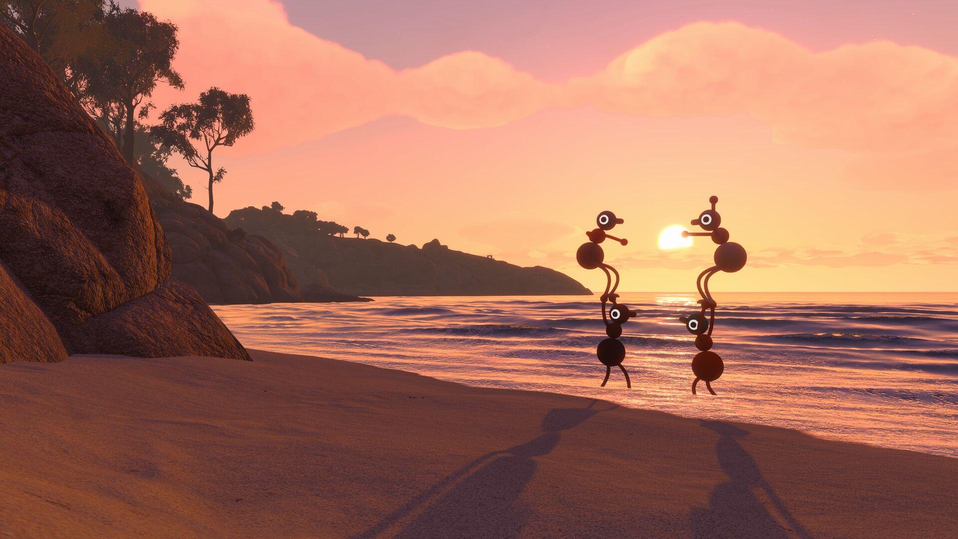 Two tall totem-like structures made of stacked Big Walk characters standing on a beach at sunset, demonstrating the game's physics-based stacking mechanic