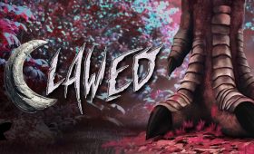 CLAWED official key art showing the game logo beside a dinosaur foot in a prehistoric jungle