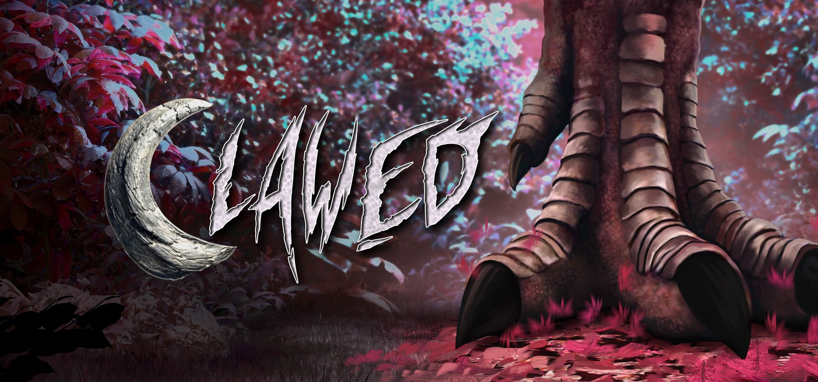 CLAWED official key art showing the game logo beside a dinosaur foot in a prehistoric jungle