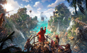 Corsair Cove pirate settlement spanning tropical cliffs above a turquoise harbor