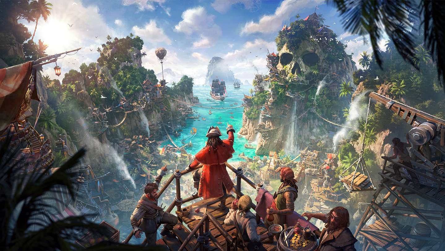 Corsair Cove pirate settlement spanning tropical cliffs above a turquoise harbor