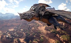 Crimson Desert hero riding a dragon over Pywel's desert settlements