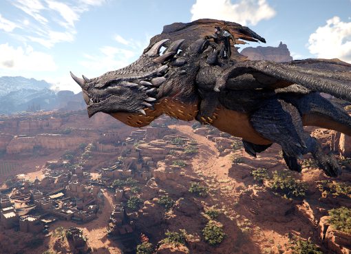 Crimson Desert hero riding a dragon over Pywel's desert settlements