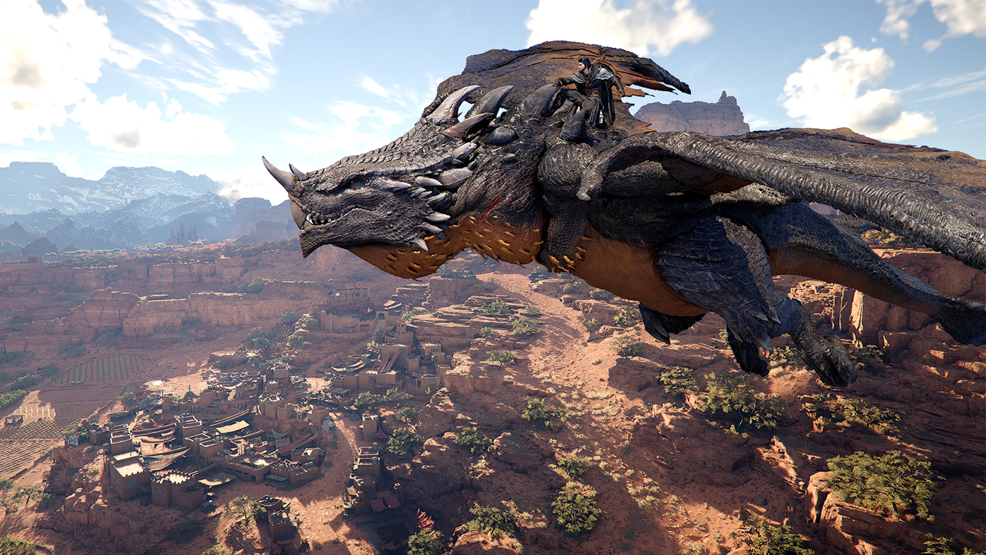 Crimson Desert hero riding a dragon over Pywel's desert settlements