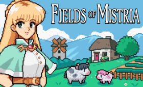 Fields of Mistria 1.0 launch promotional art featuring a pastoral farm scene with characters and animals