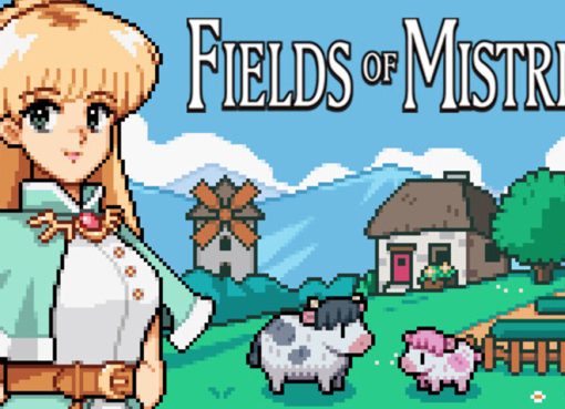 Fields of Mistria 1.0 launch promotional art featuring a pastoral farm scene with characters and animals