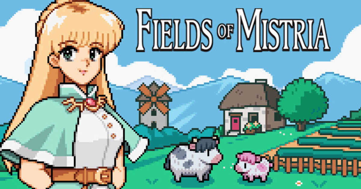 Fields of Mistria 1.0 launch promotional art featuring a pastoral farm scene with characters and animals