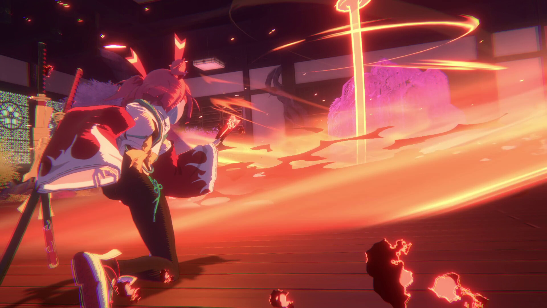 Homura Hime performing a special attack with intense orange and red visual effects swirling around a central enemy
