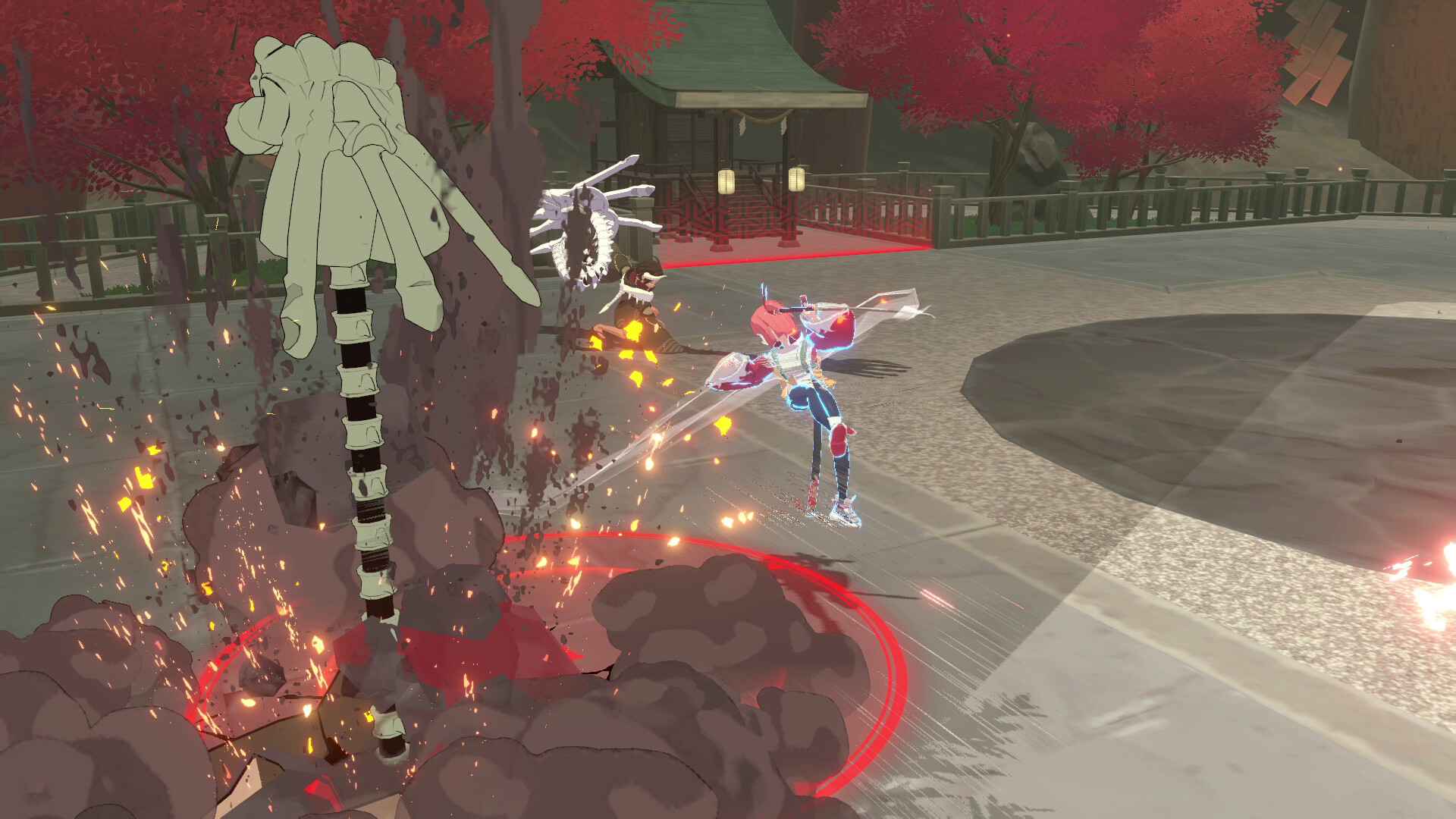 Homura fighting a skeletal enemy in an outdoor courtyard with traditional Japanese architecture and red foliage, damage numbers visible