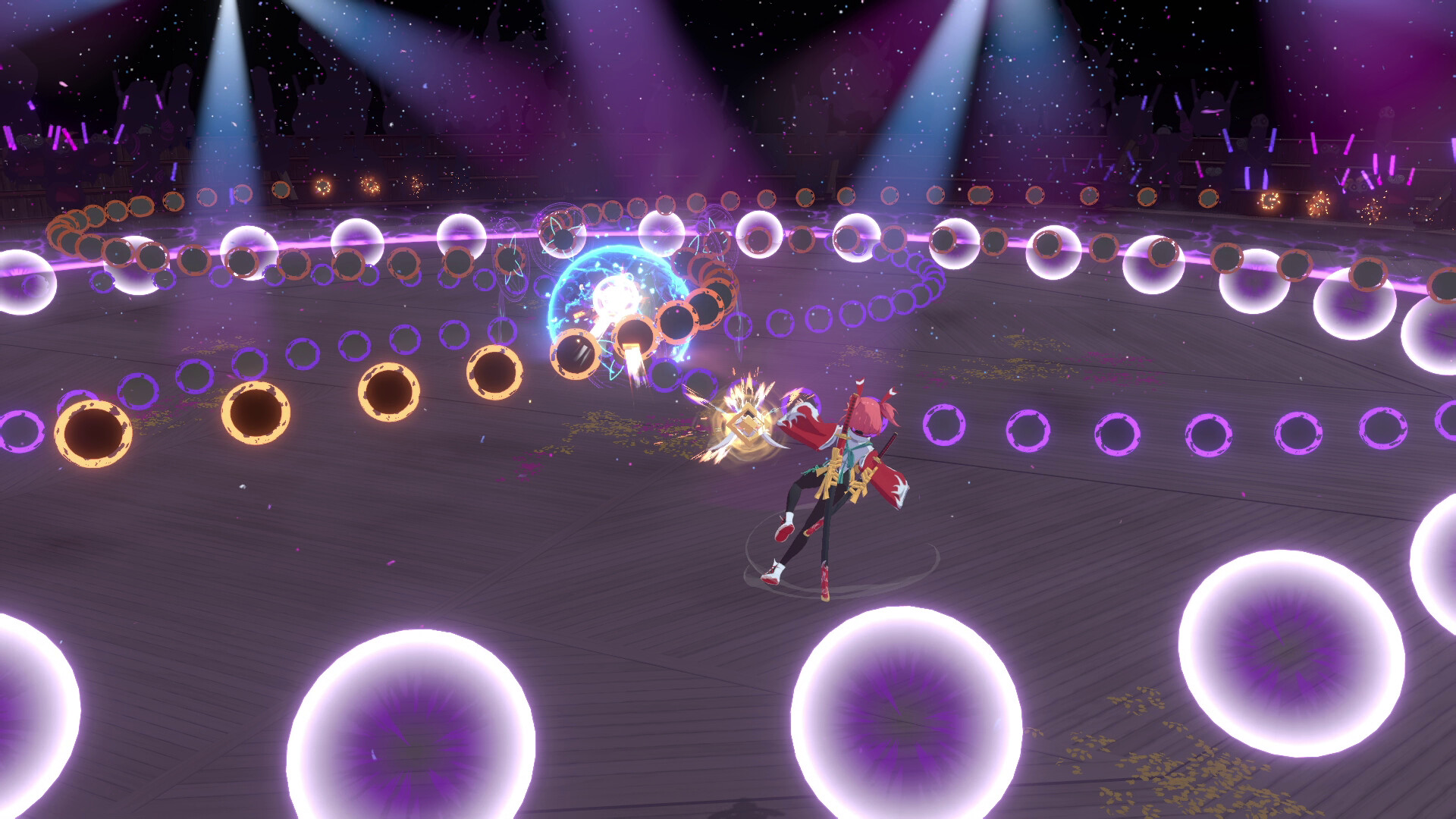 Bullet hell phase with dense purple projectile patterns filling the screen as Homura navigates through them in a dark stage-like environment