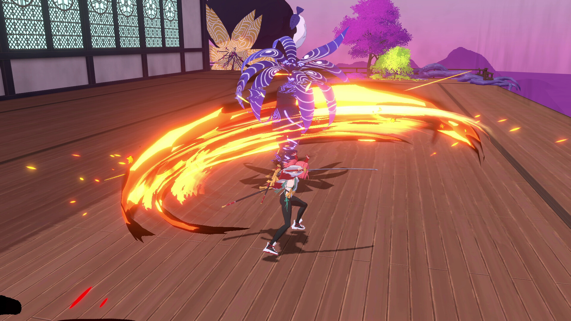 Homura performing heavy melee attacks against a large multi-limbed purple monster indoors, bright orange slash effects filling the screen