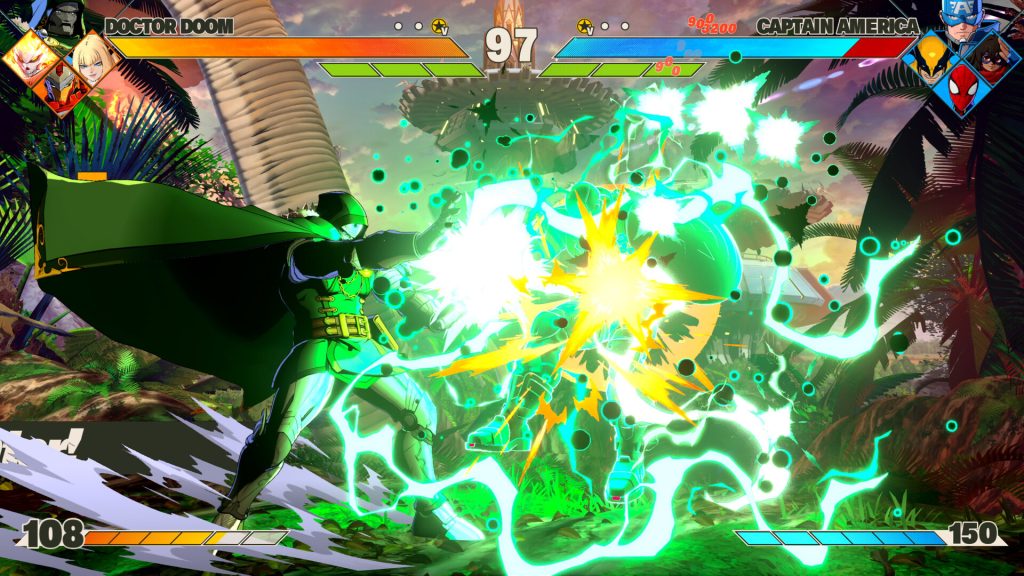 Doctor Doom unleashing green energy attacks against Captain America