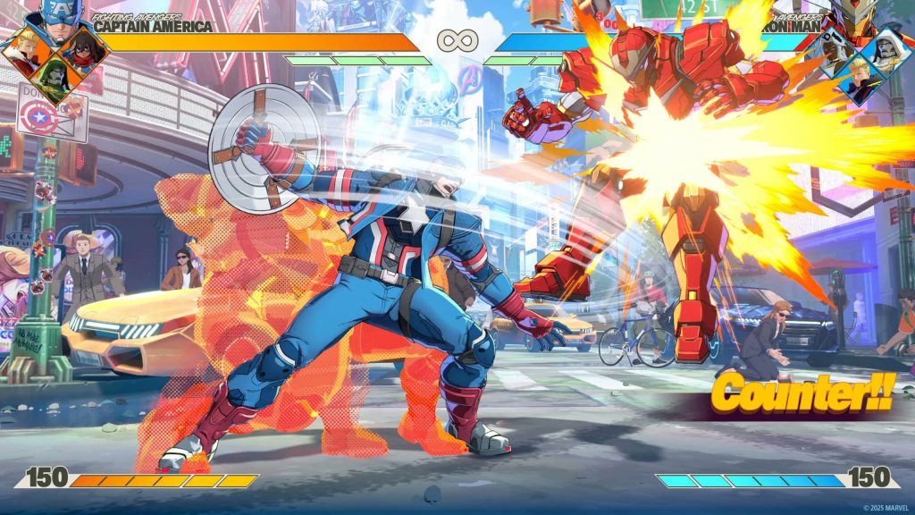 Full in-game HUD showing health bars, super meters, and character portraits during a match