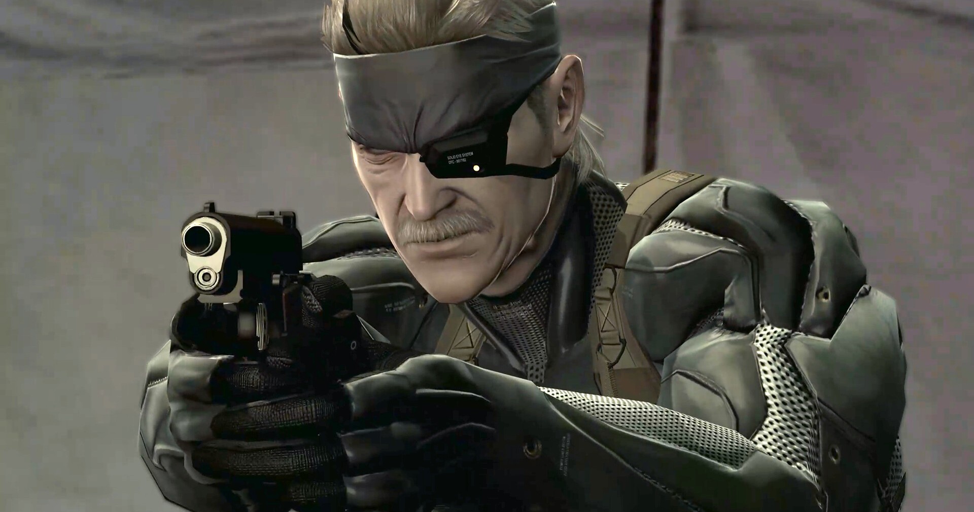 Metal Gear Solid 4 Guns of the Patriots Solid Snake in OctoCamo suit aiming pistol