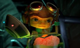 Psychonauts 2 screenshot showing protagonist Raz in a colorful psychic world