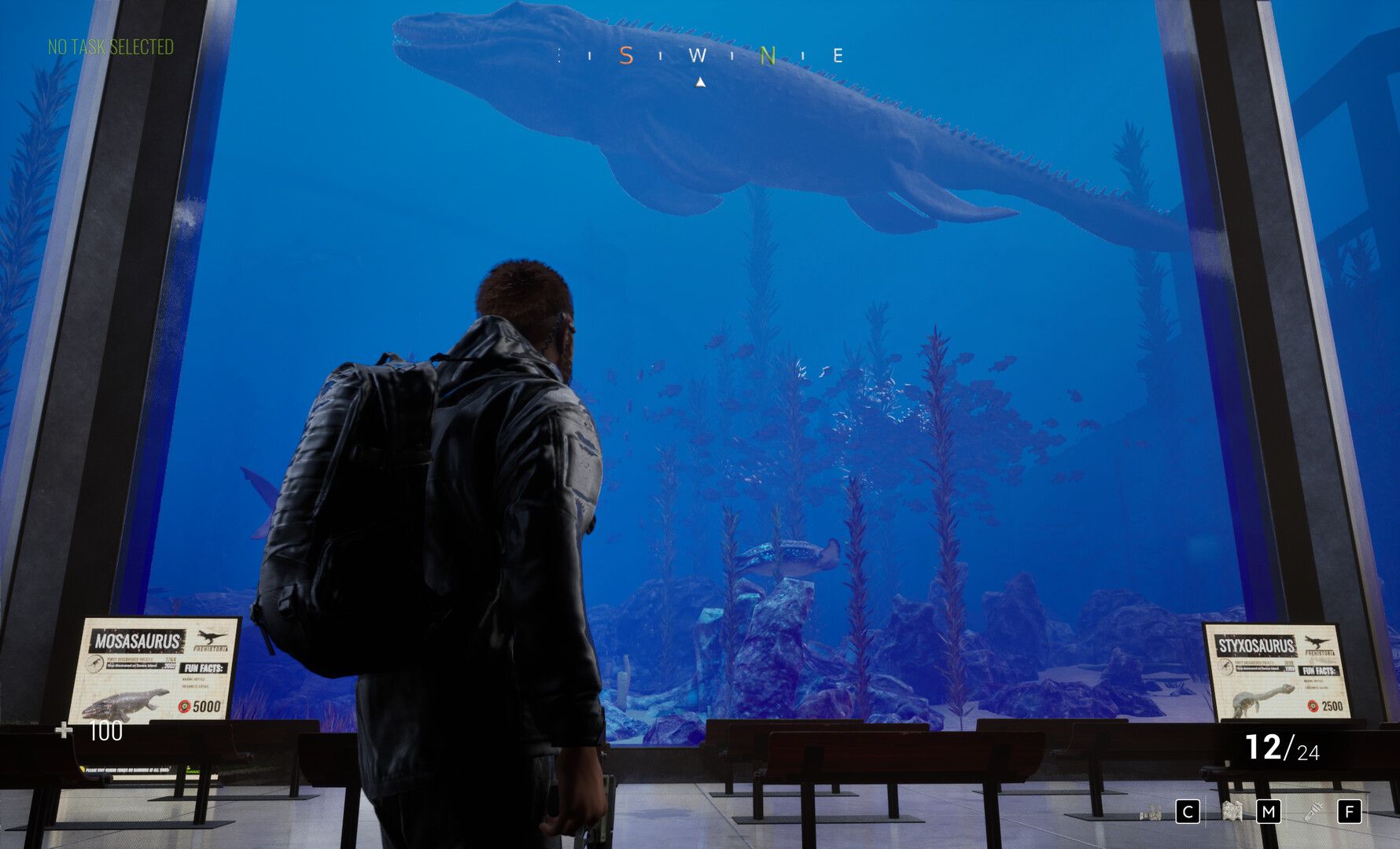 The player character peers through a massive aquarium viewing gallery as a Mosasaurus glides overhead in Clawed