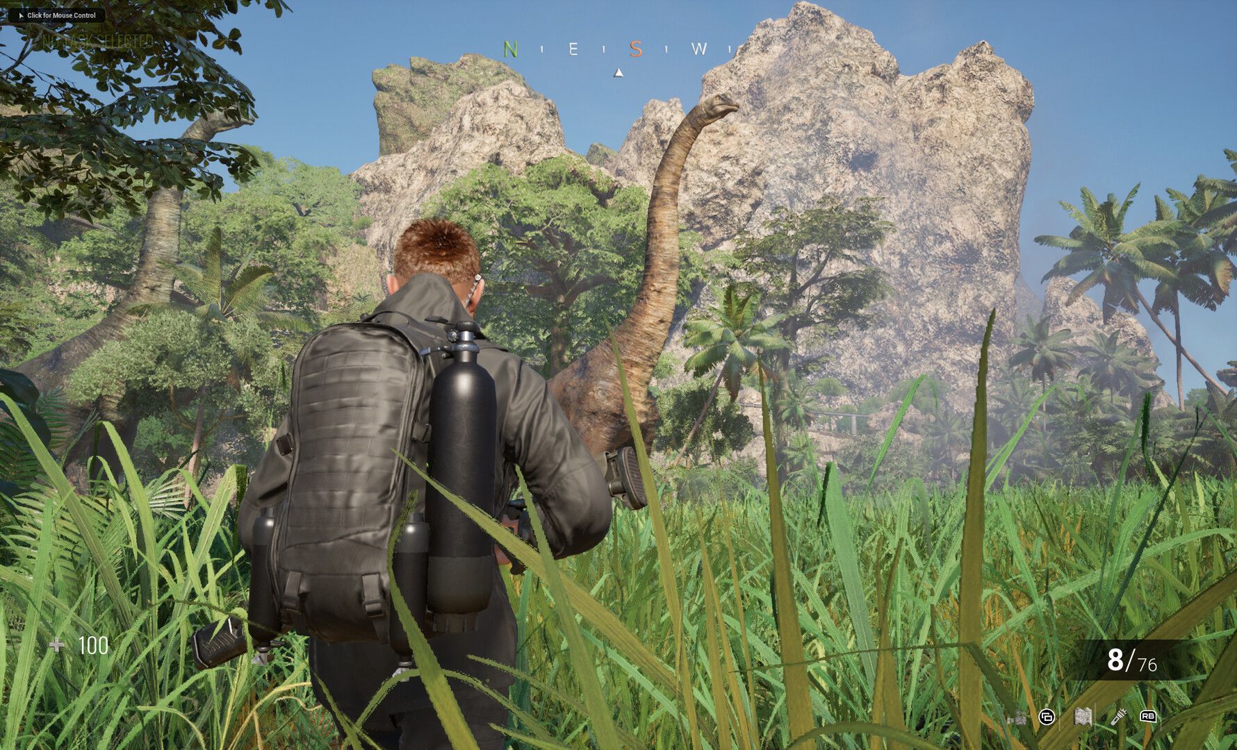 The player crouches in tall grass observing a sauropod dinosaur in the wild jungle areas of Clawed