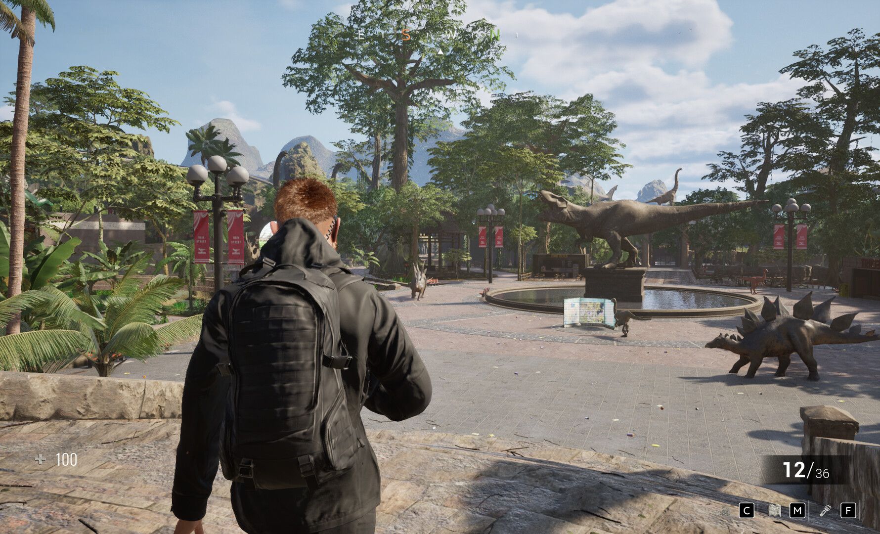 The central park plaza in Clawed features a fountain and dinosaur statues amid manicured walkways