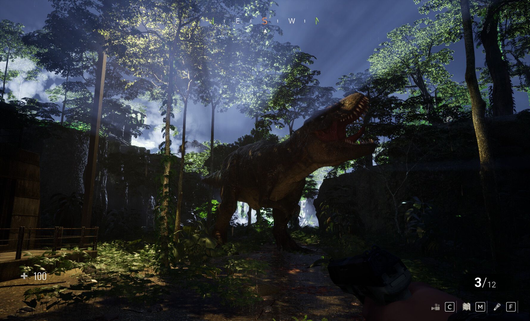 A tense nighttime encounter with a T-Rex illuminated by flashlight in the jungles of Clawed