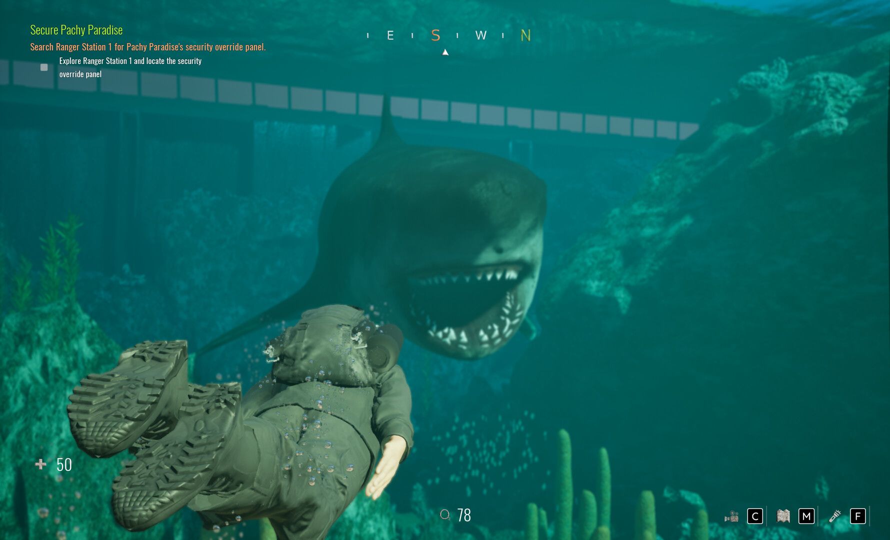 An underwater encounter with a shark in the aquatic sections of Clawed's Survival Mode