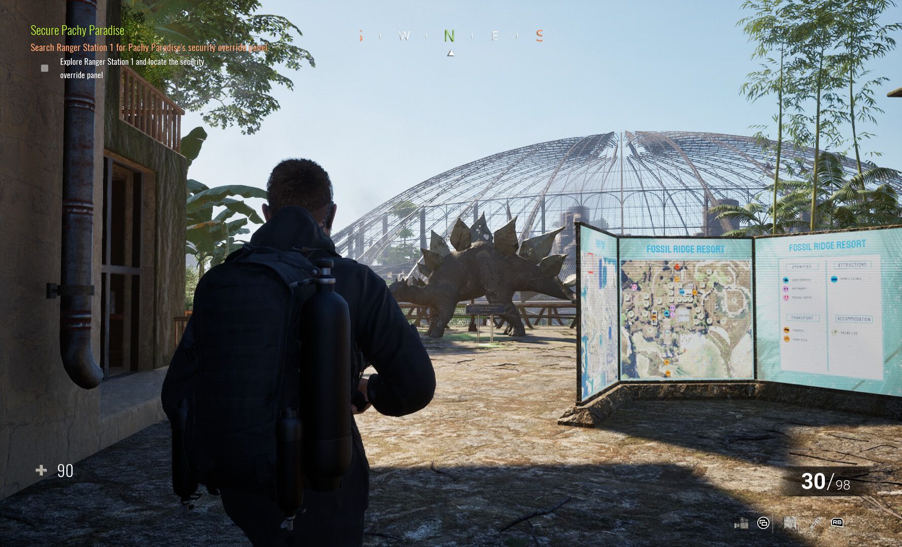 The player stands near a map board at Fossil Ridge Resort in Clawed, surveying a damaged geodesic dome