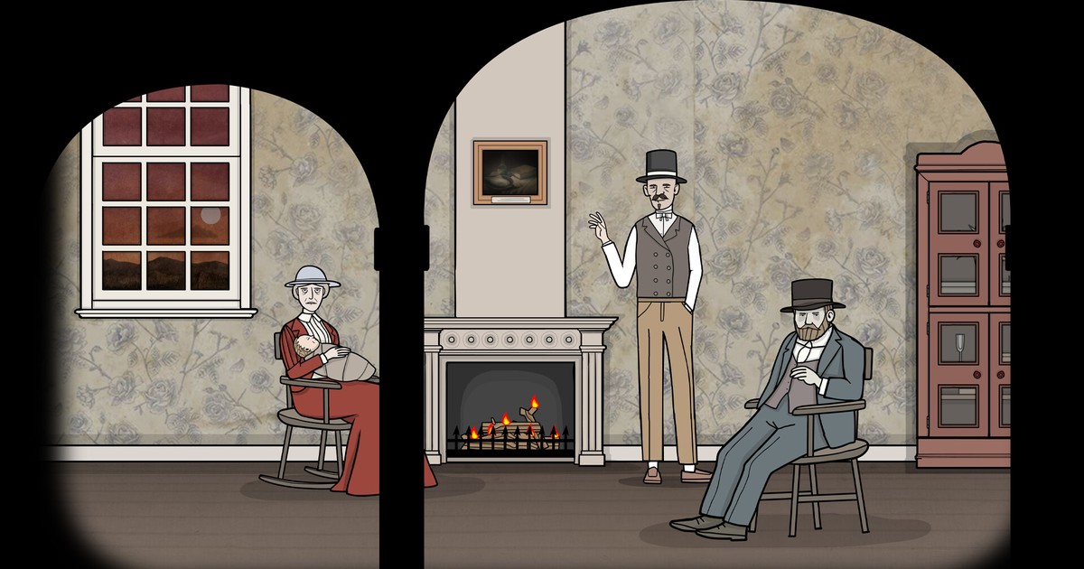 Servant of the Lake - Key art showing the Vanderboom estate interior with characters in the distinctive Rusty Lake art style