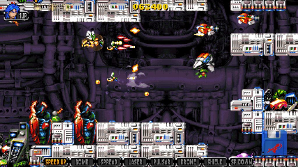 Apidya' Special cyber world gameplay showing the bee navigating an industrial environment filled with mechanical enemies, pipes, and robotic drones