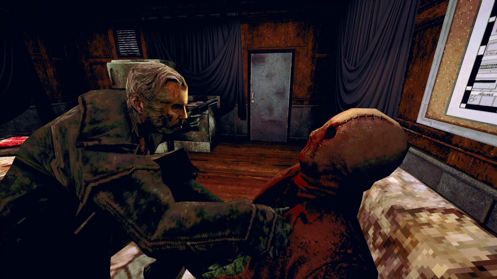 A dark corridor in Carrion City with bloodstains and flickering lights