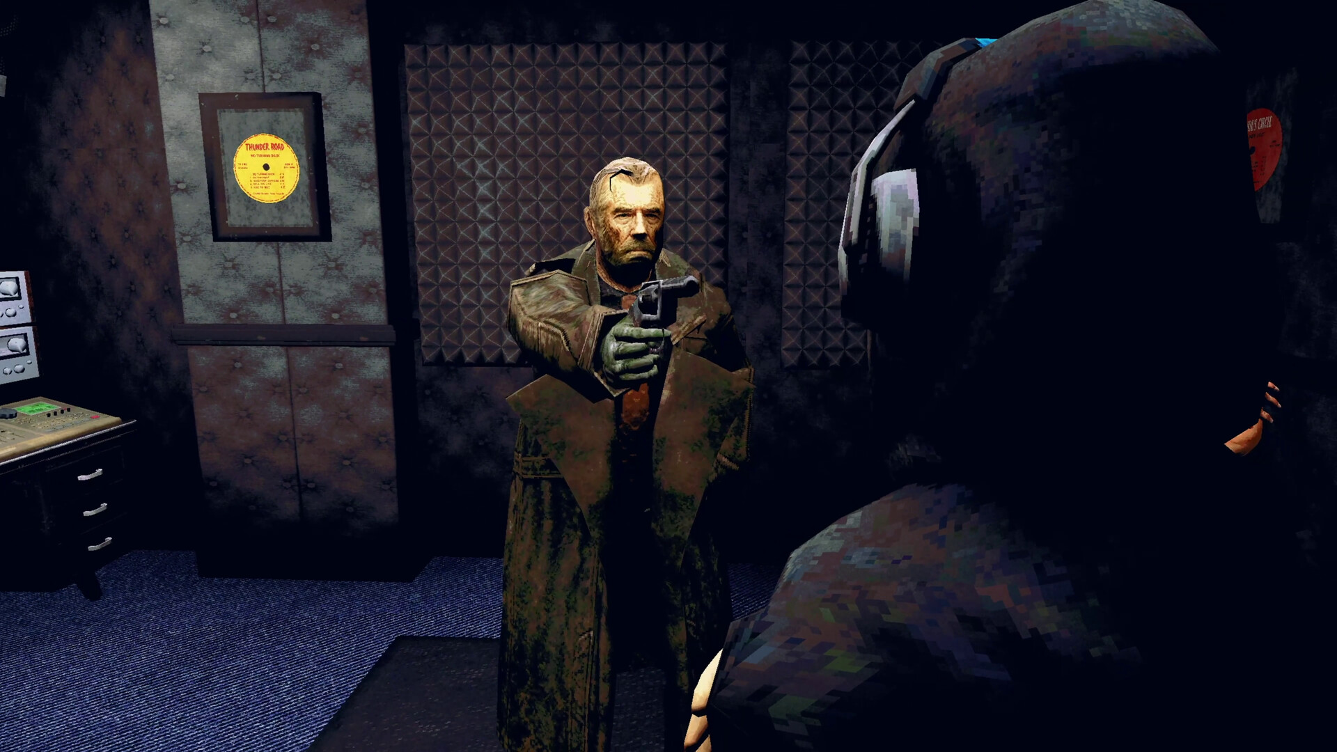 A tense moment in a dark alley with a shadowy figure approaching