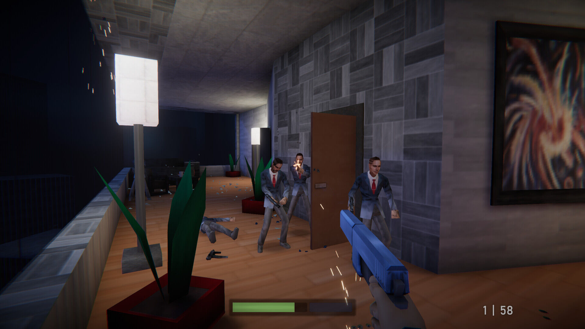 Agent John Walter engages enemies with a silenced pistol in a modern office hallway