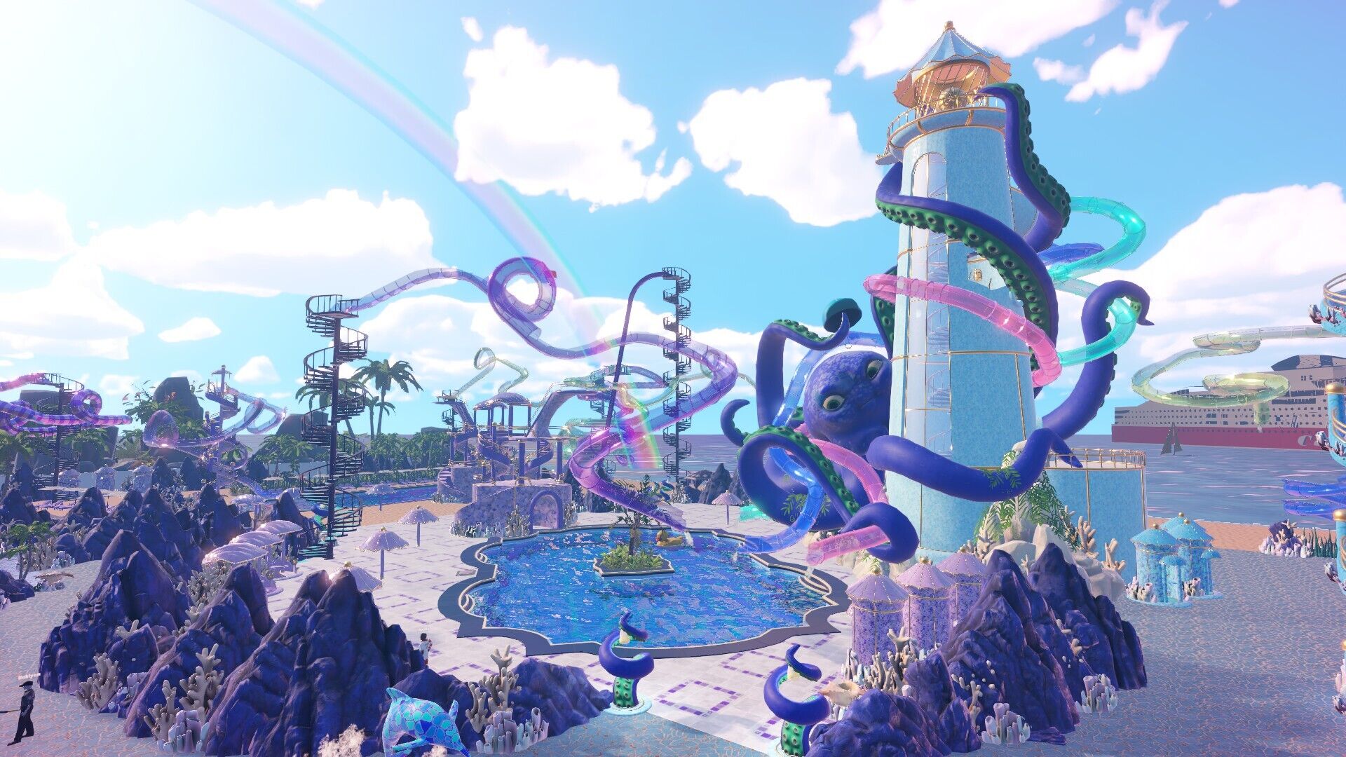 Waterpark Simulator screenshot showing ocean-themed water slides and pools with elaborate coral and sea creature decorations