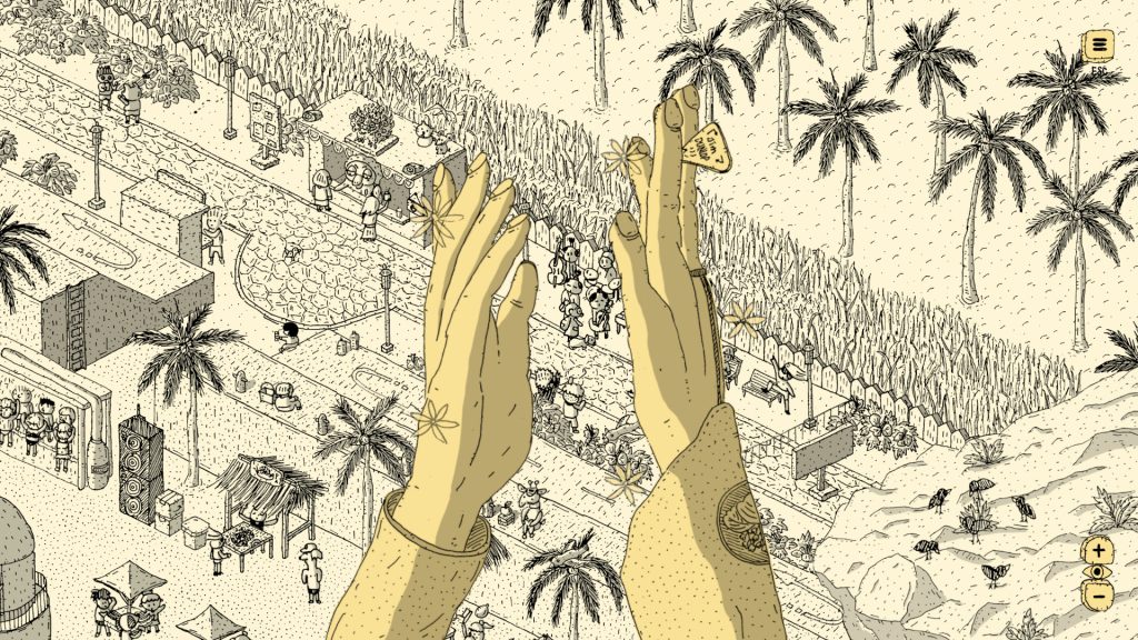 A busy seaside area in Finding Polka with food stalls, palm trees, and hand-drawn characters lining the boardwalk