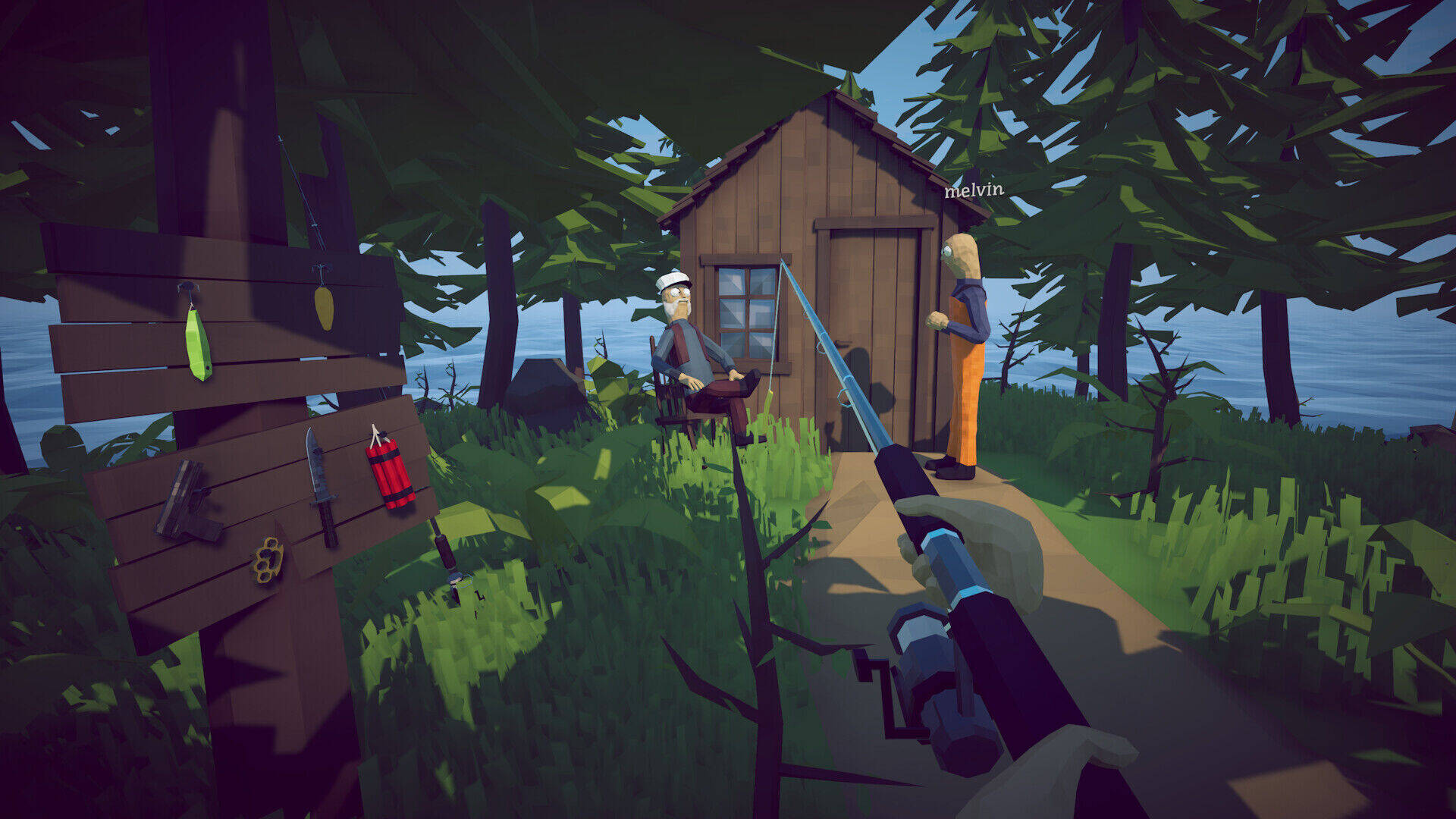 A first-person view of a lush forest clearing with a wooden shack and an NPC sitting in a rocking chair, showcasing the game's base camp environment