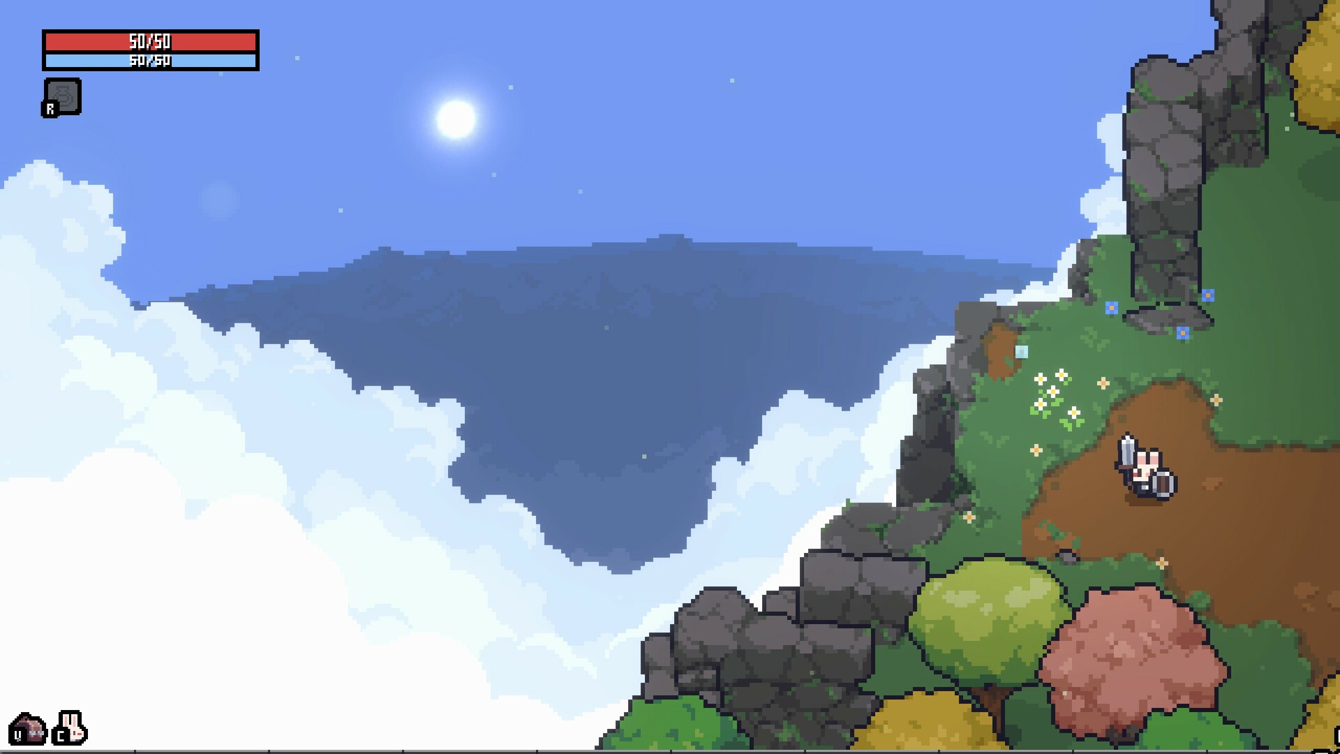 Sephiria combat scene showing the bunny hero fighting enemies in a grassy outdoor area with pixel art graphics