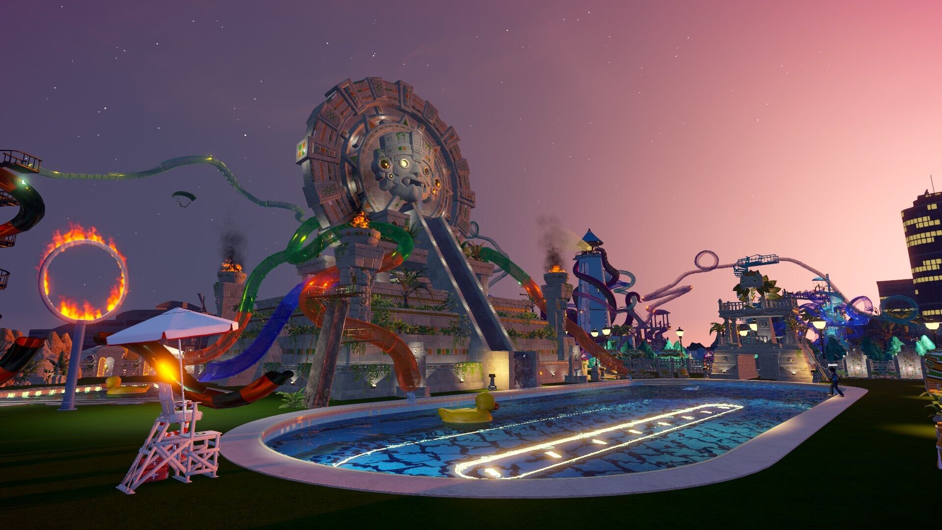 Waterpark Simulator screenshot showing park management view with guests walking around attractions and food stalls