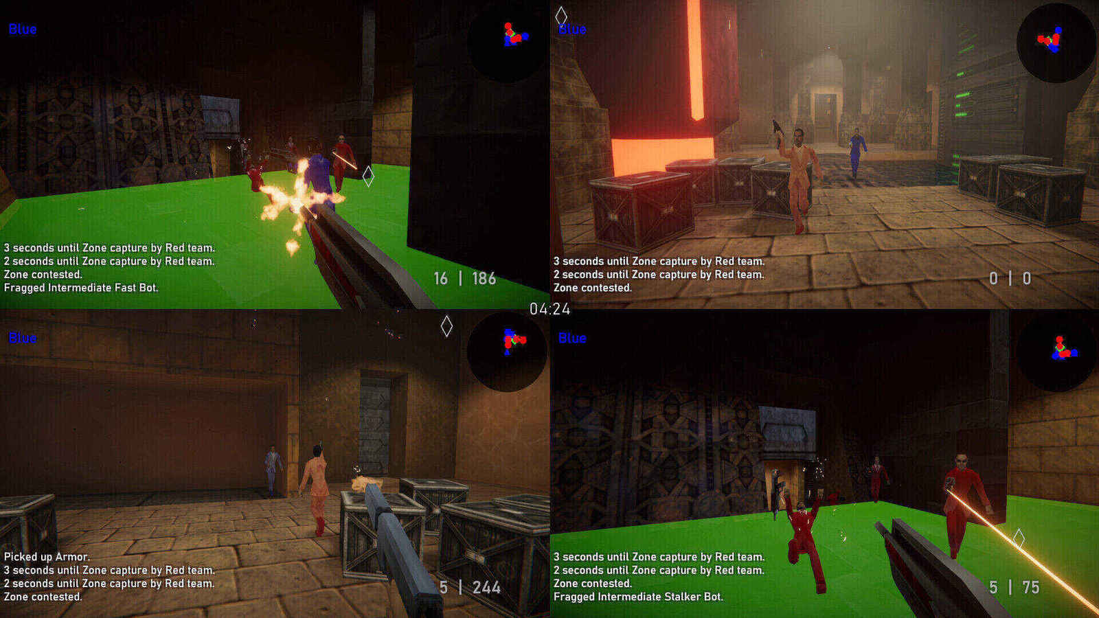 Multiplayer Zone Capture mode showing team HUD elements and the green-tinted industrial arena