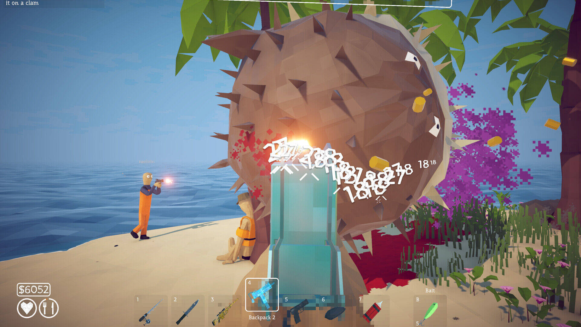 An intense boss battle on a beach with a large spiked spherical enemy, damage numbers flying, and player UI showing health and money, demonstrating the game's combat system