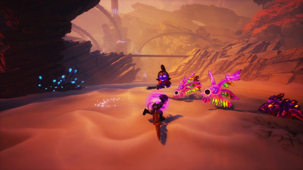Zirian stands in a desert landscape facing three floating crystal enemies with dark crystals nearby