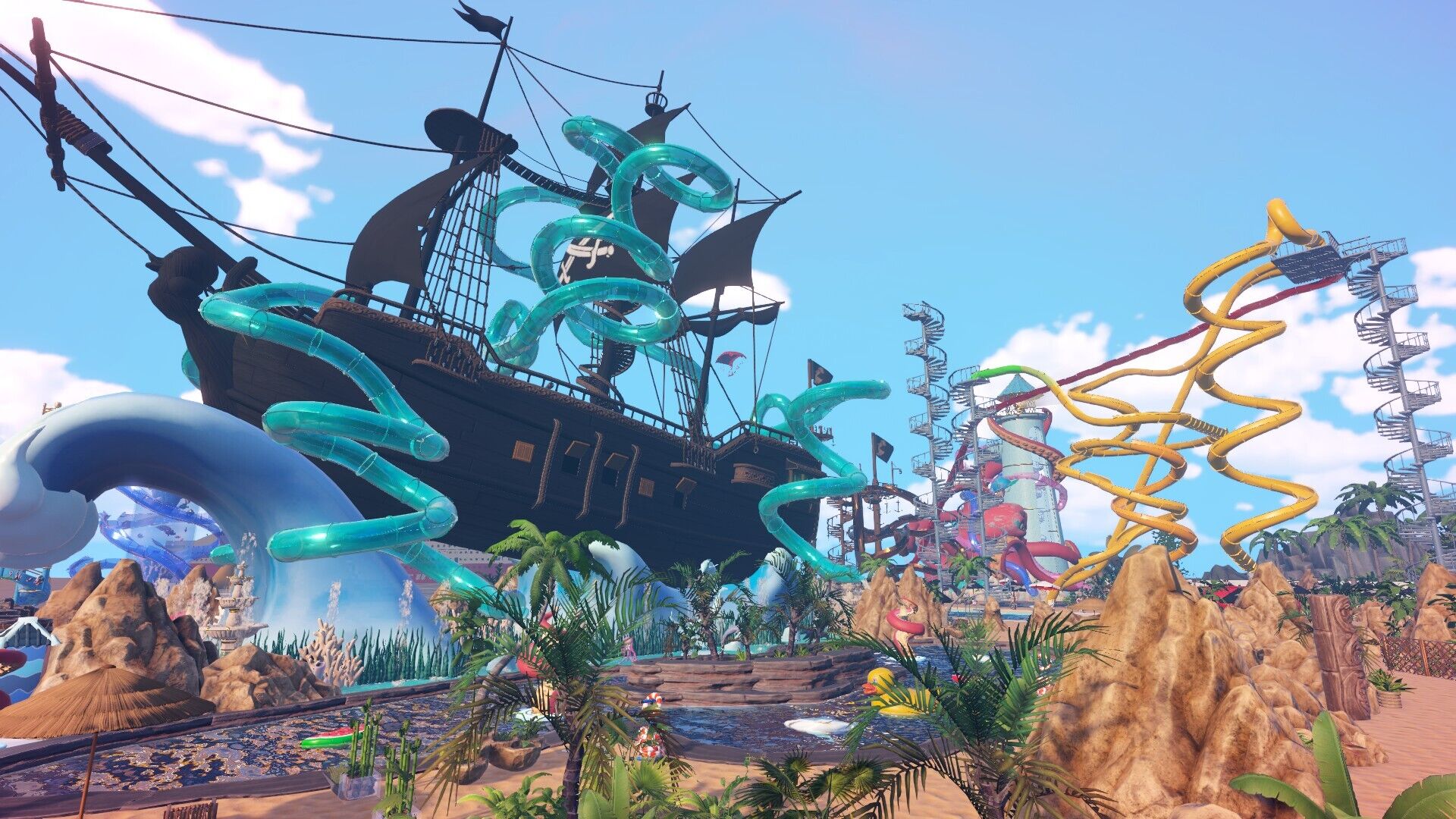 Waterpark Simulator screenshot showing custom waterslide building with connected tube pieces and spiral sections