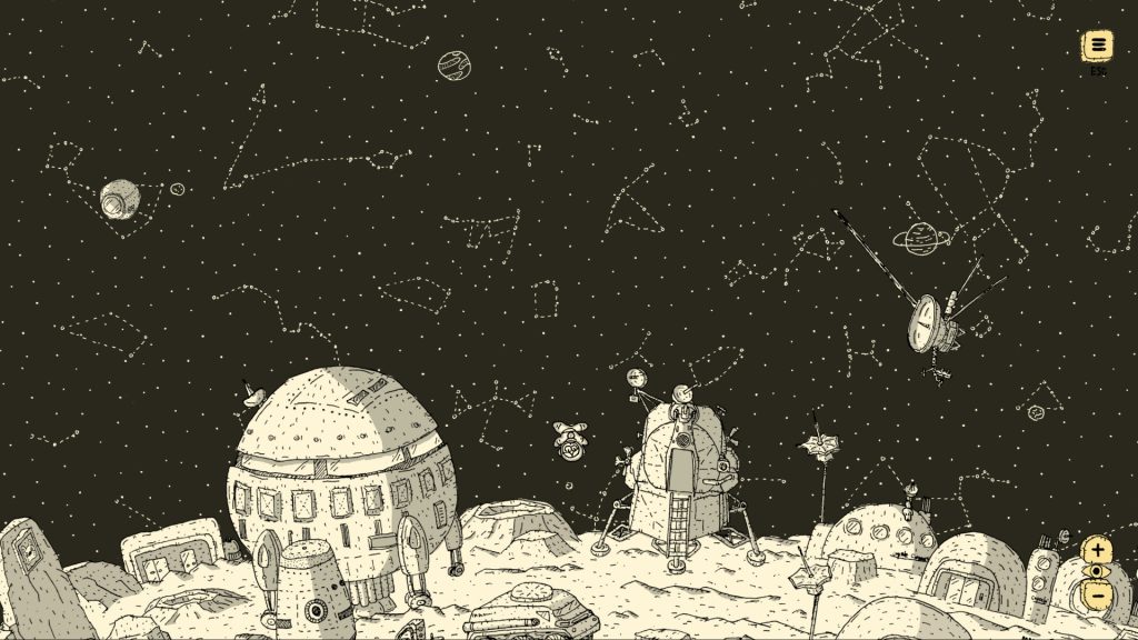 A surreal floating island with monkeys, a monolith doorway, and scientific chalk drawings on a dark background