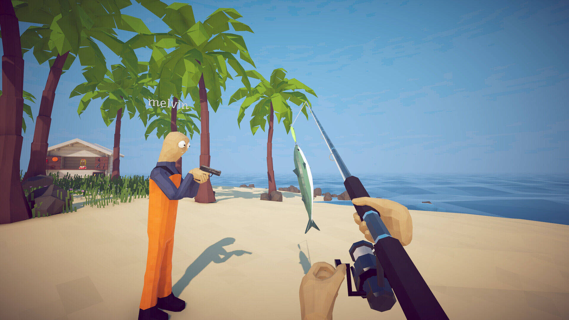 A first-person view of a character holding a fishing rod on a sunny tropical beach with a fish caught on the line, showcasing the core fishing mechanic