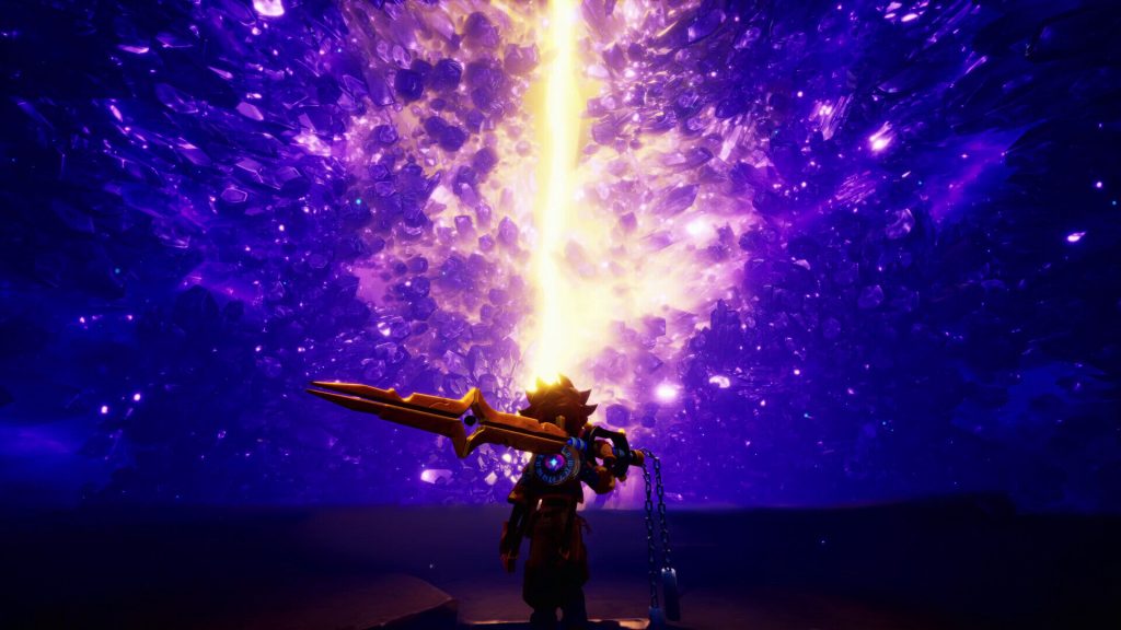 Zirian faces a blinding beam of golden light surrounded by floating purple crystals