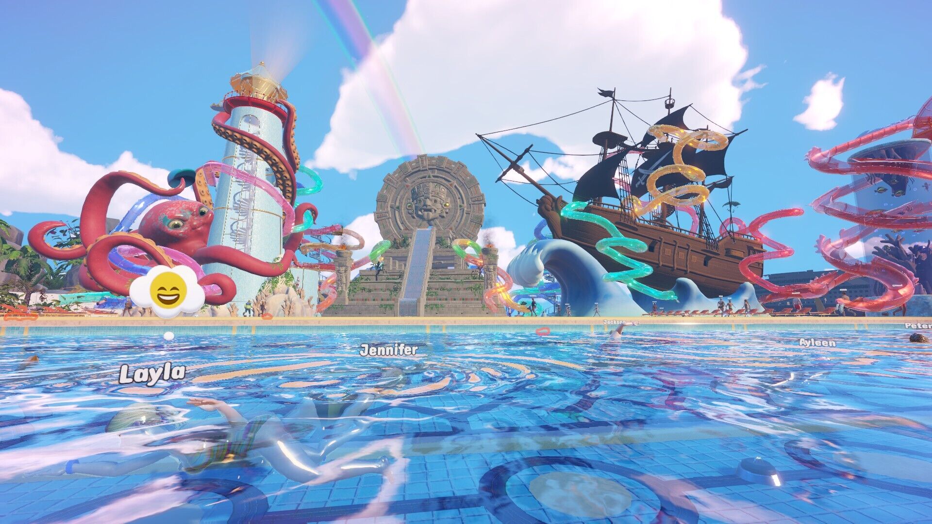 Waterpark Simulator screenshot showing nighttime mode with glowing neon lights across the waterpark attractions