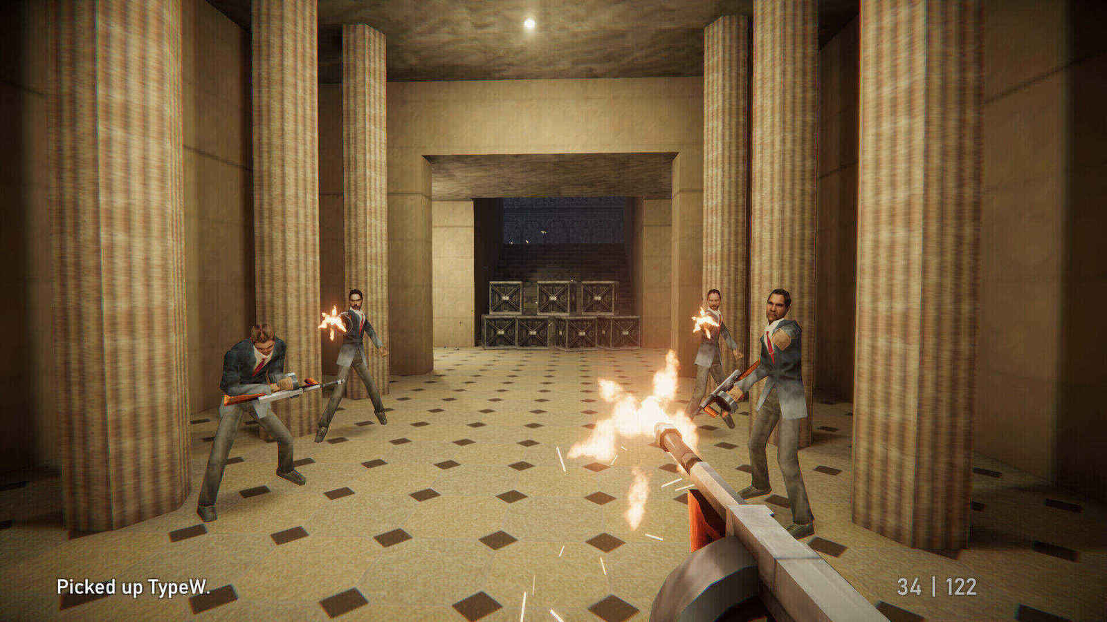 Intense firefight in a pillared corridor with multiple enemies and visible muzzle flashes