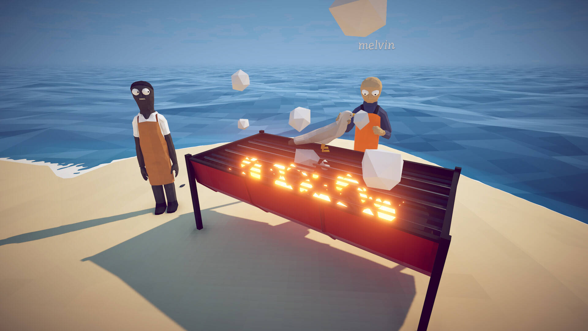 Two characters standing on a beach next to a red grill or smoking table, processing fish and food items, showing the cooking and crafting mechanic