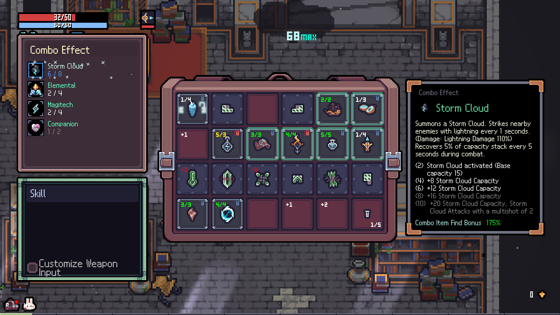 Sephiria inventory grid system showing artifact placement with combo effects and strategic arrangement