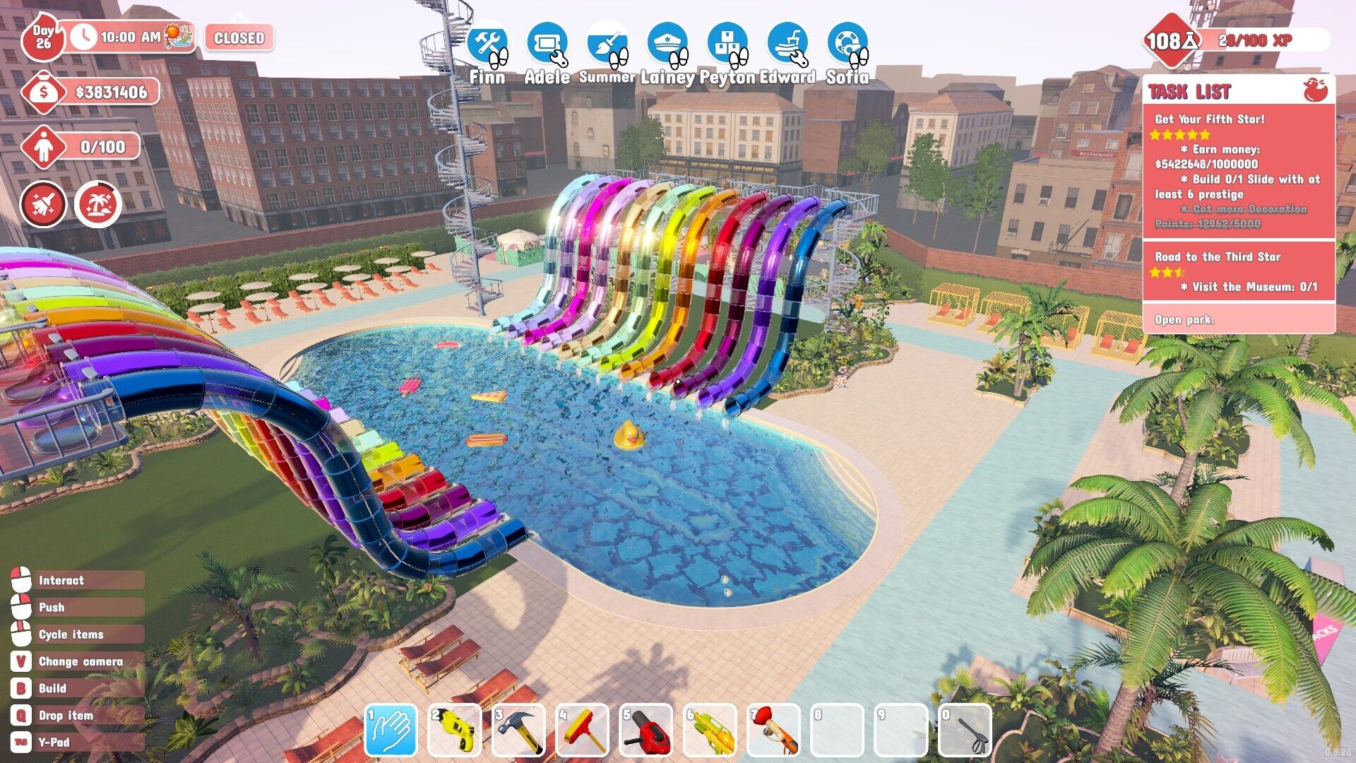 Waterpark Simulator screenshot showing co-op multiplayer with multiple players building and interacting in the same park